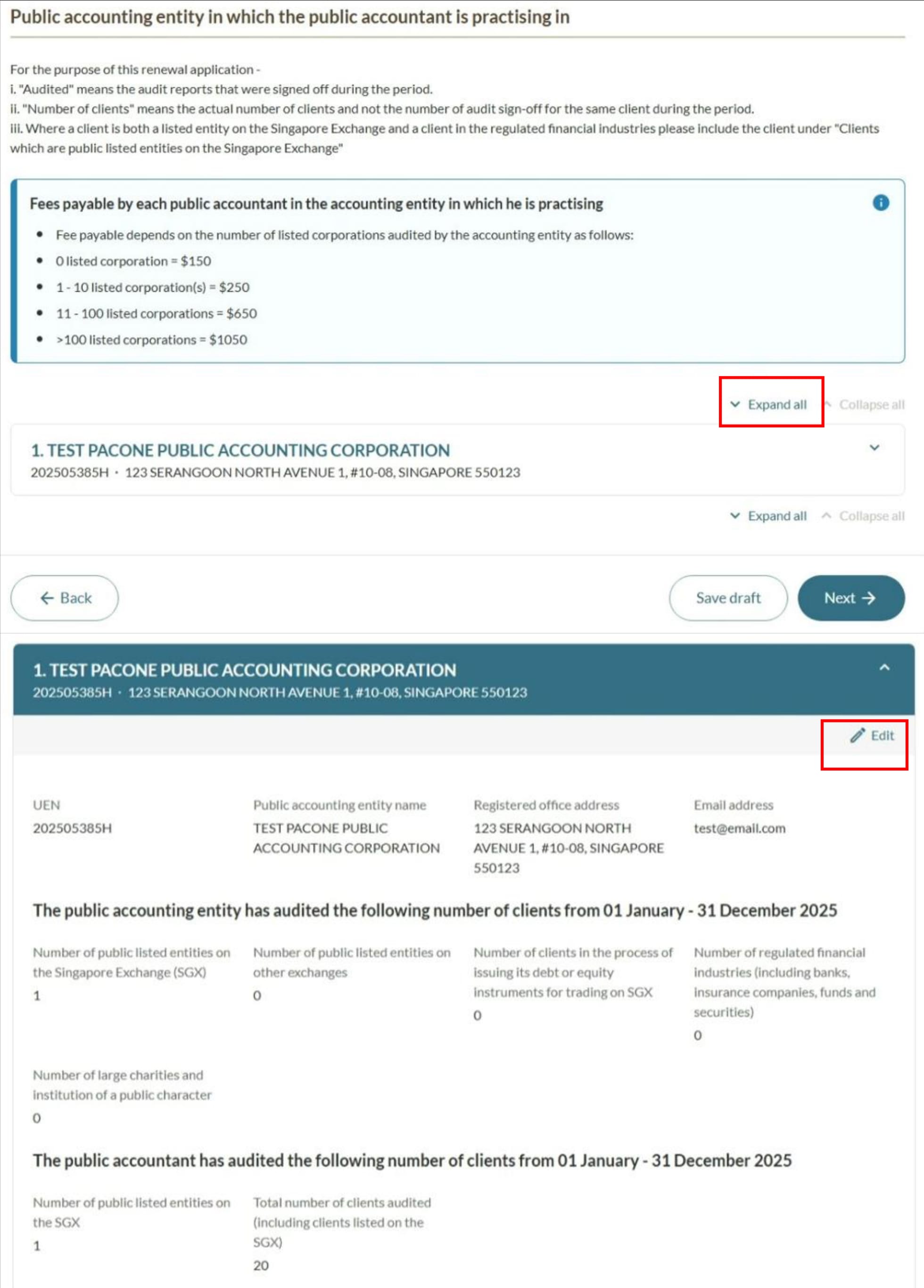 Public accounting entity details page with Expand all and Edit options